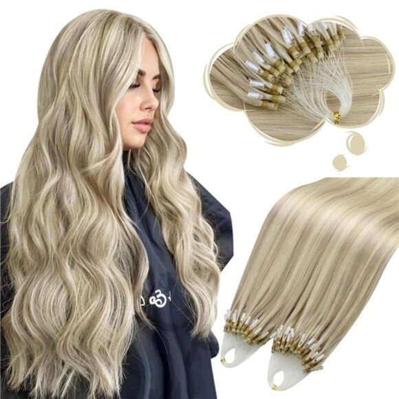 Micro Loop Hair Extensions Real Human Hair Ash Blonde with Bleach main image 5